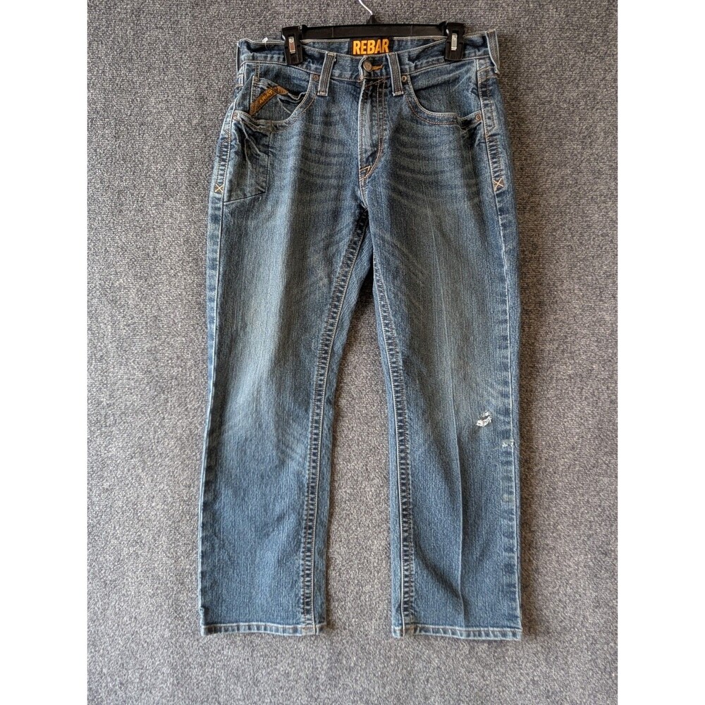 Ariat Rebar M5 Slim Straight Work Jeans 32x30 Blue Denim Rugged Distressed Denim